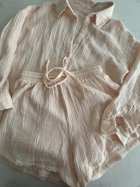 Tops - 100% Cotton Gauze Button-Down Top and Shorts Set